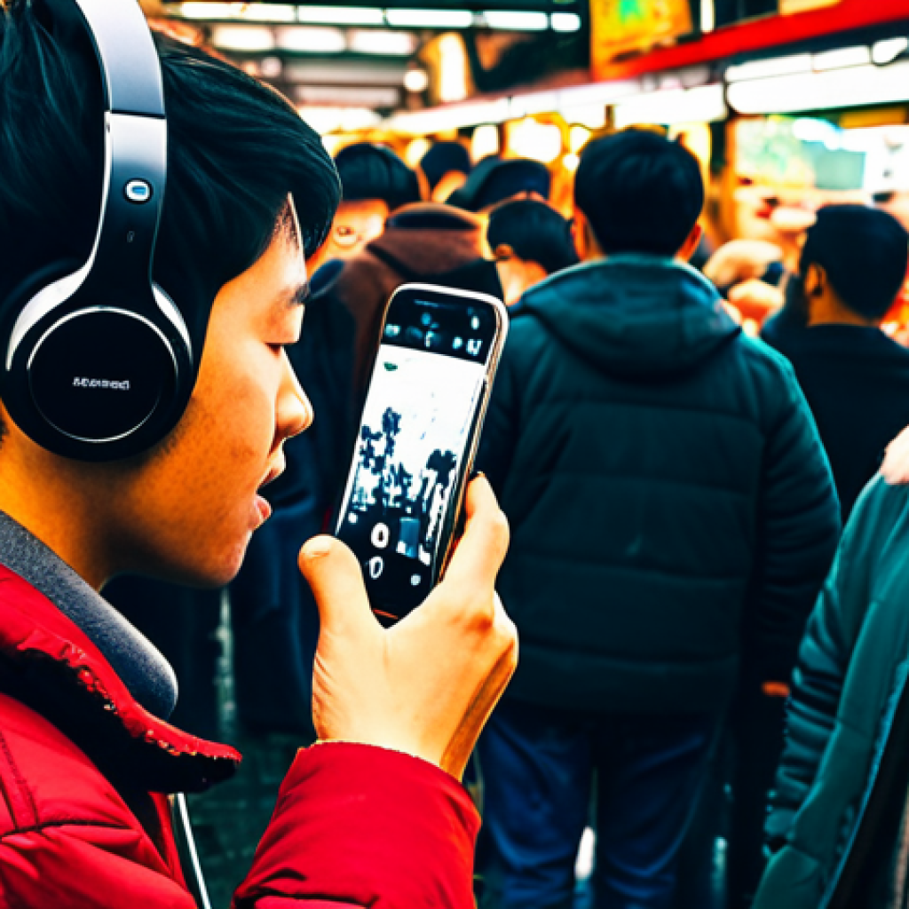 **

"A person wearing headphones in a bustling marketplace, recording sounds with a smartphone. Stalls overflowing with goods, vendors shouting, diverse crowd. Lo-fi aesthetic, slightly grainy, warm color palette. Focus on the act of capturing everyday sounds. safe for work, appropriate content, fully clothed, professional, perfect anatomy, natural proportions, well-formed hands, proper finger count."

**