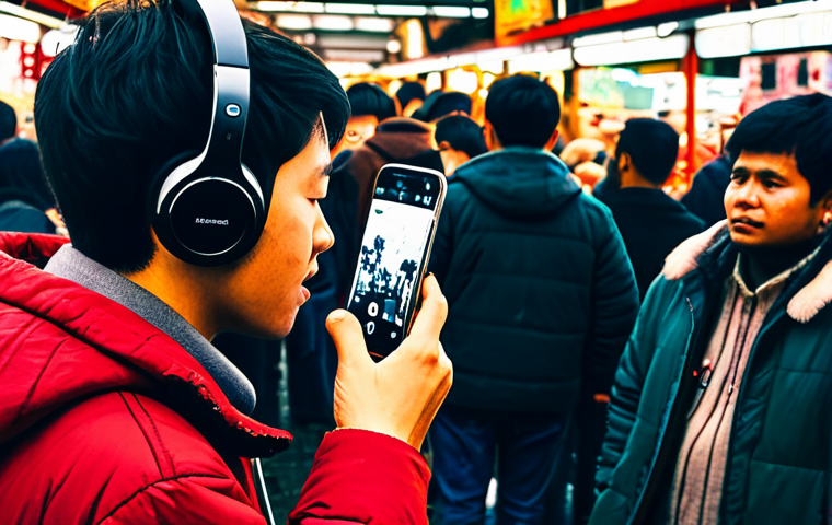 **

"A person wearing headphones in a bustling marketplace, recording sounds with a smartphone. Stalls overflowing with goods, vendors shouting, diverse crowd. Lo-fi aesthetic, slightly grainy, warm color palette. Focus on the act of capturing everyday sounds. safe for work, appropriate content, fully clothed, professional, perfect anatomy, natural proportions, well-formed hands, proper finger count."

**